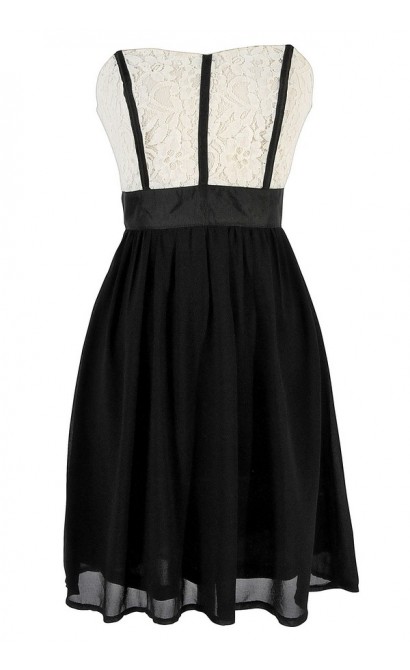Fabric Piping Lace and Chiffon Strapless Dress in Black